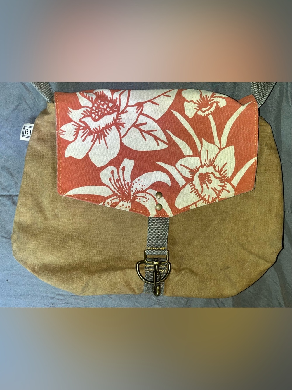 Canvas Floral Flap Crossbody Bag in Rust and Brown